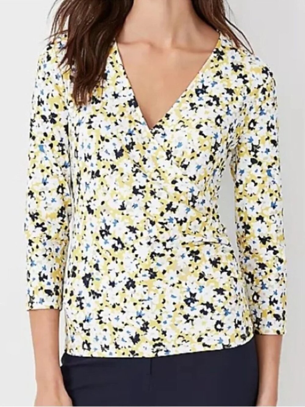 Ann Taylor Floral Refined Stretch Wrap Top Medium